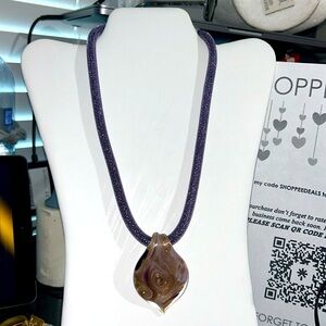 Murano Glass Pendant Necklace Feather Shape Rose Gold Blue Tones STUNNING!!!!